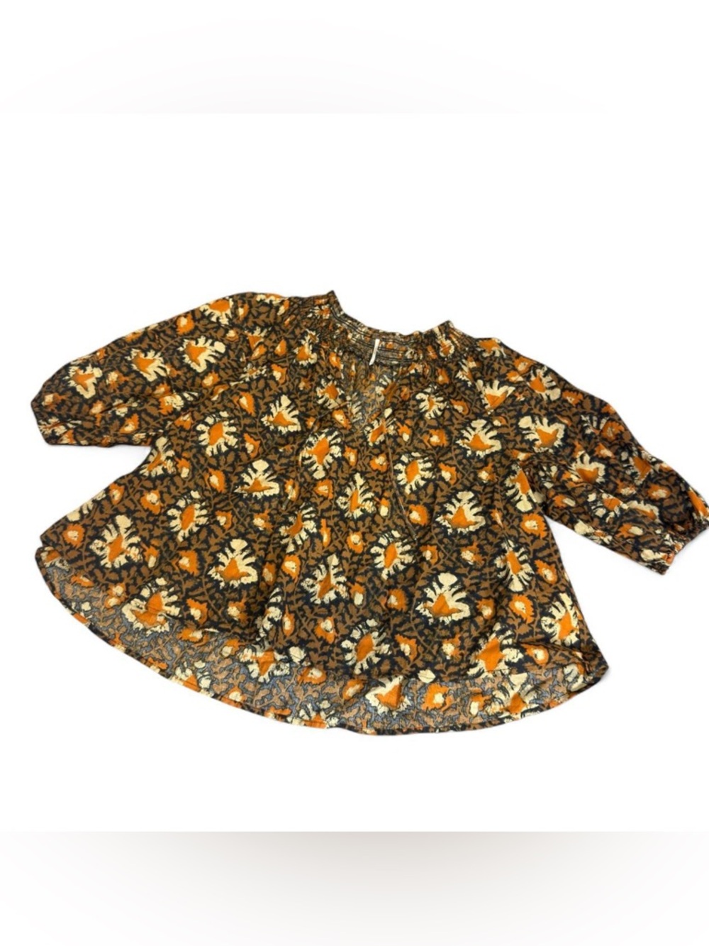 Free People Boho puff sleeve orange and brown floral blouse